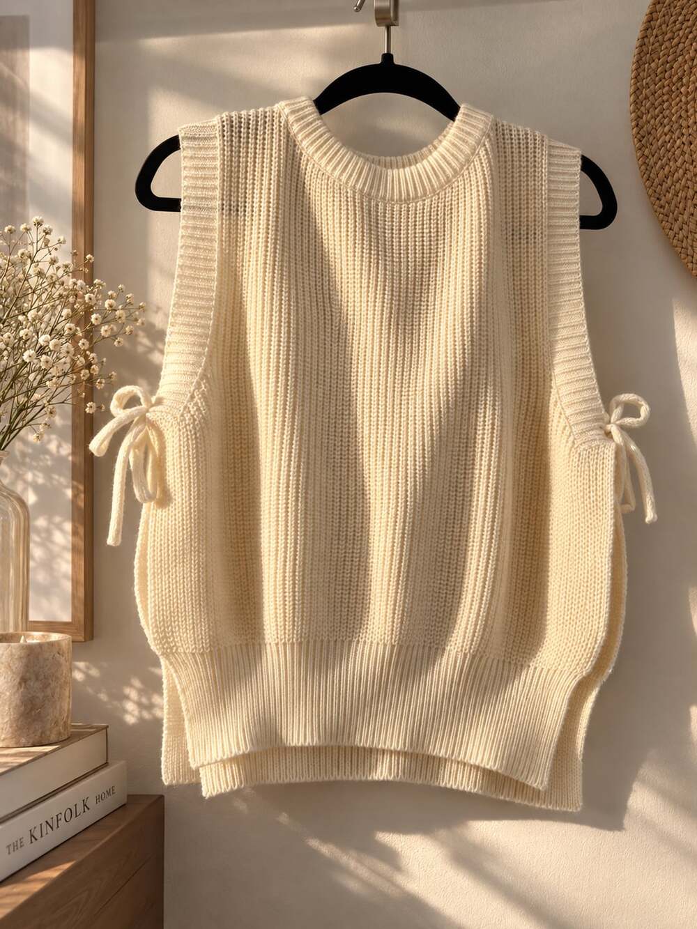 Knit Vest Size XL Cream Side Slit Tie Up Sleeveless Sweater